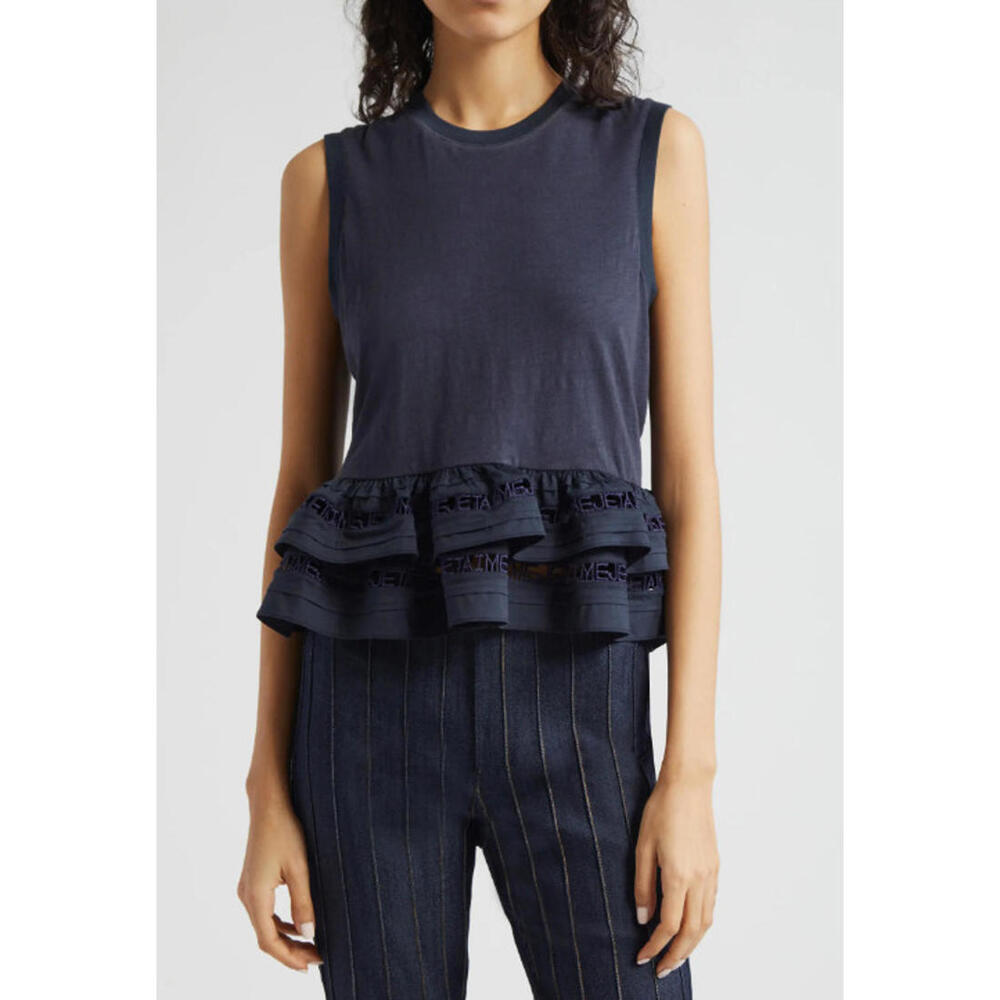 Sleeveless Navy Ruffle-Hem Tank Top